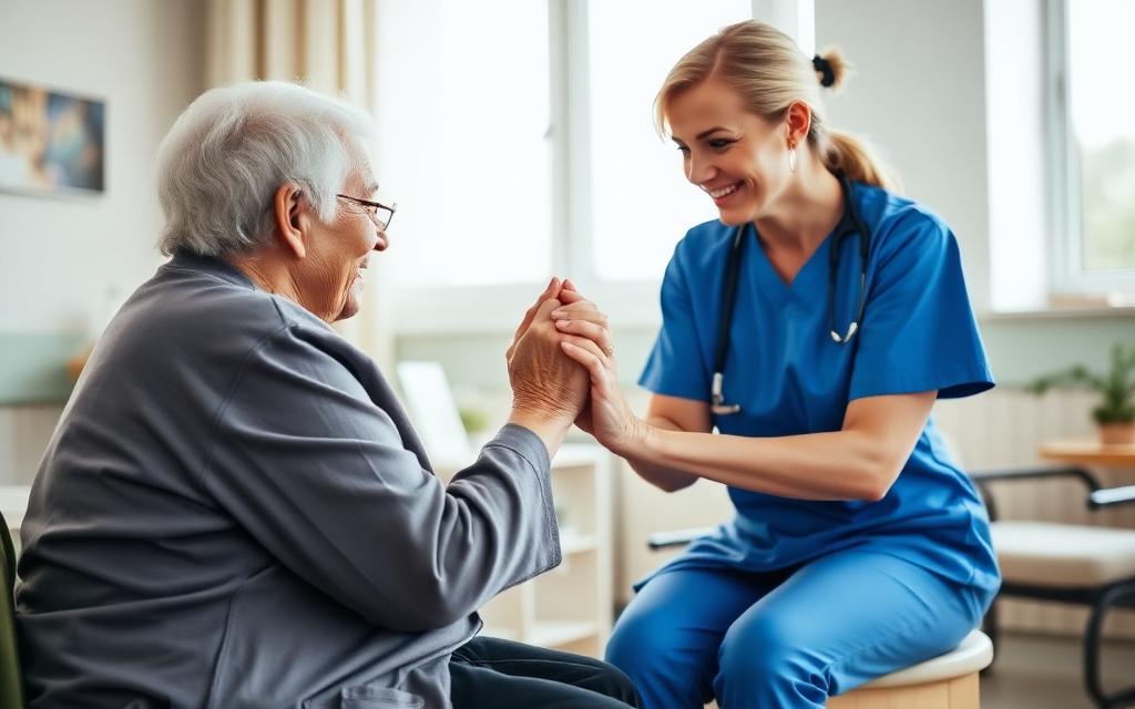 Nurse holding an elderly patient's hands in a hospice room.