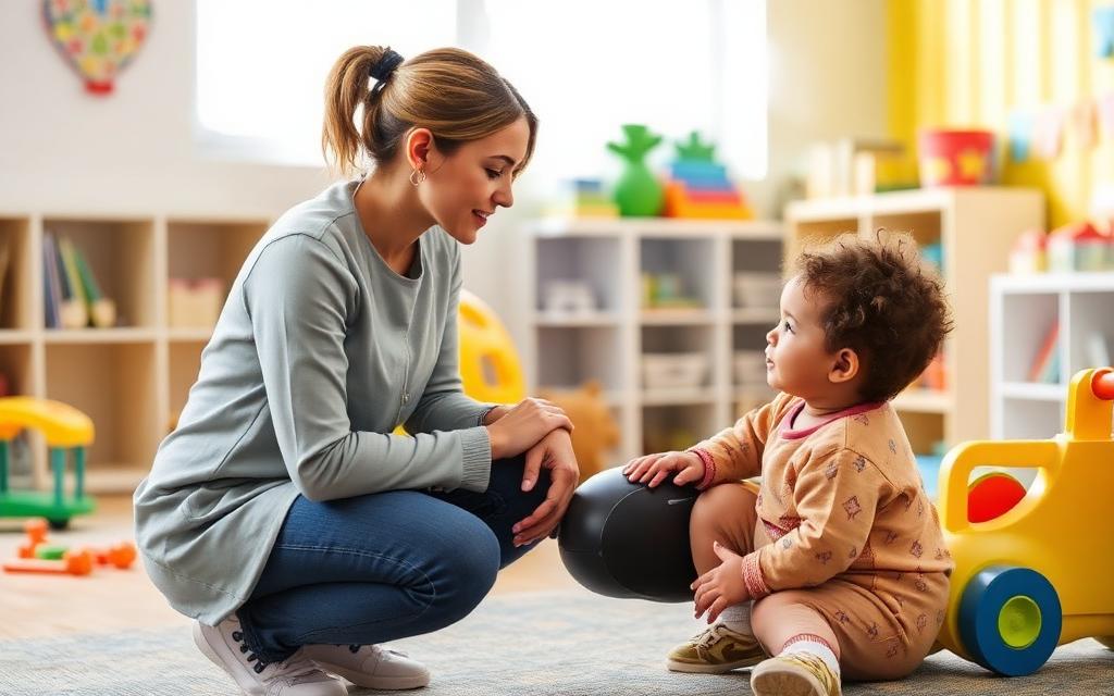 Social worker crouching to talk with a young child in a safe family centre.