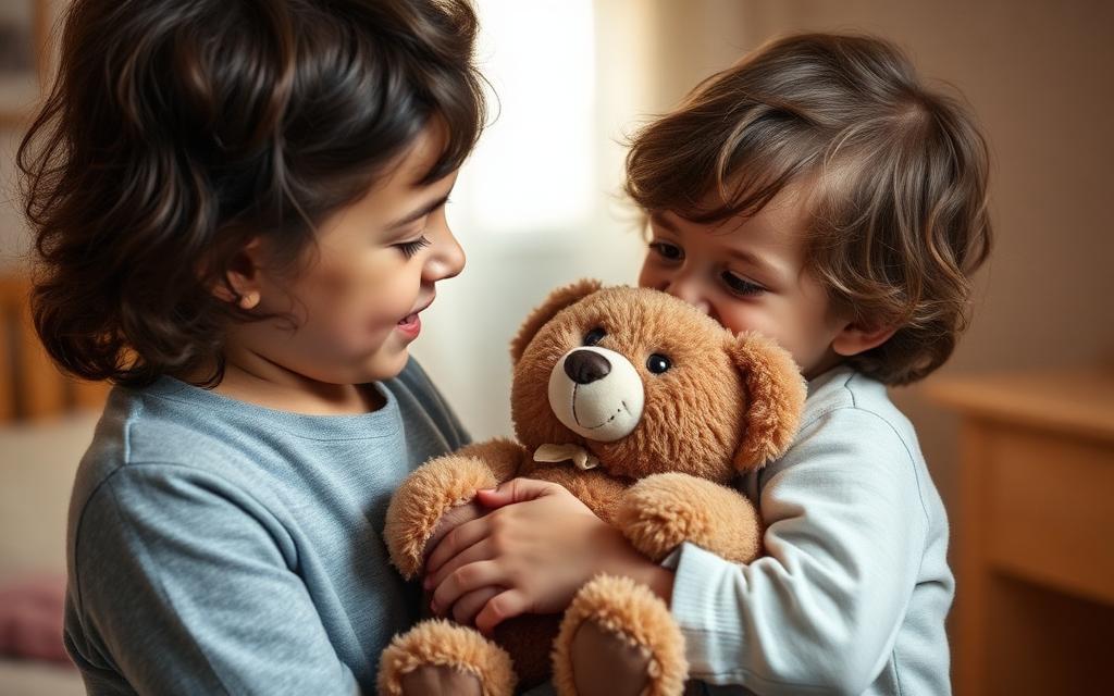 Child holding a teddy bear being comforted by a caring adult.