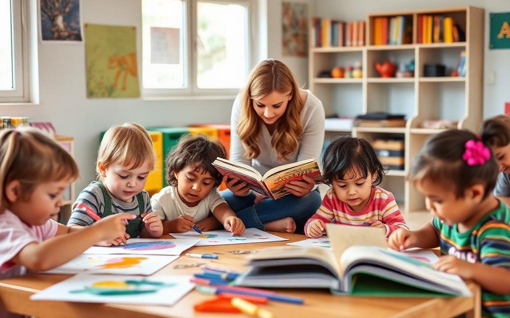 Children doing art and reading at a bright safeguarding centre.