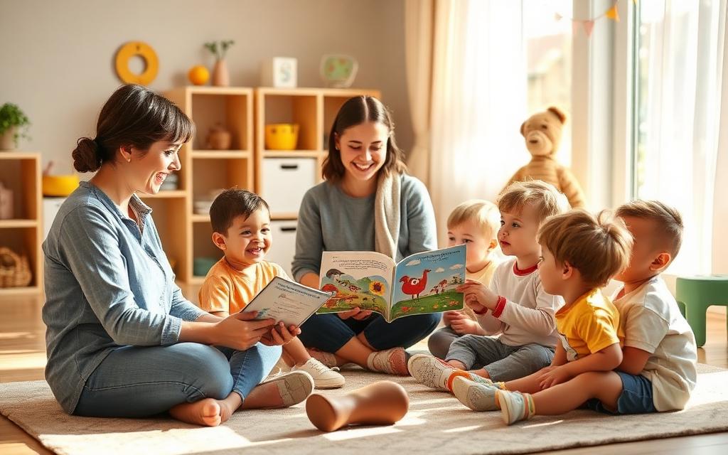 Childcare worker reading a picture book to a group of children.