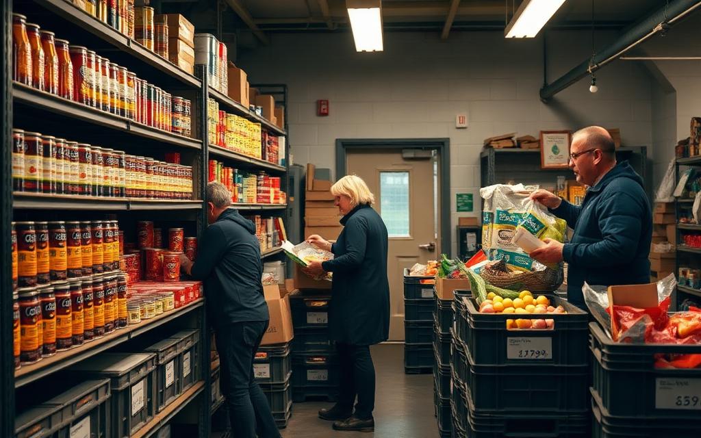 Food bank volunteers stocking shelves with tinned goods.