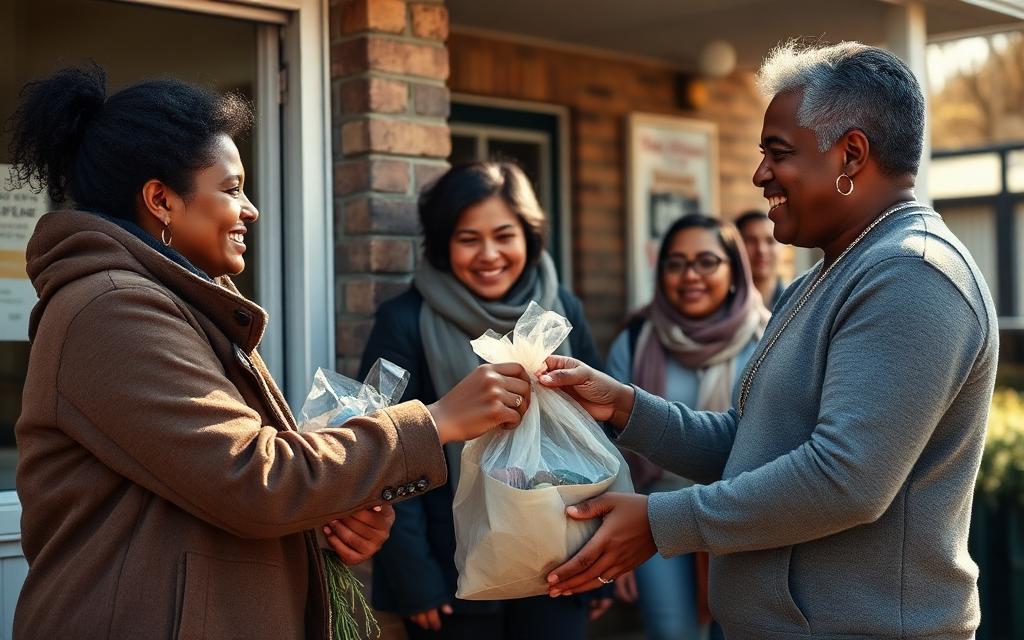 Family collecting a food parcel from a smiling volunteer.