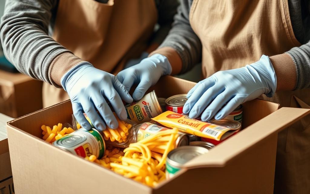 Gloved hands packing a cardboard box of food donations.