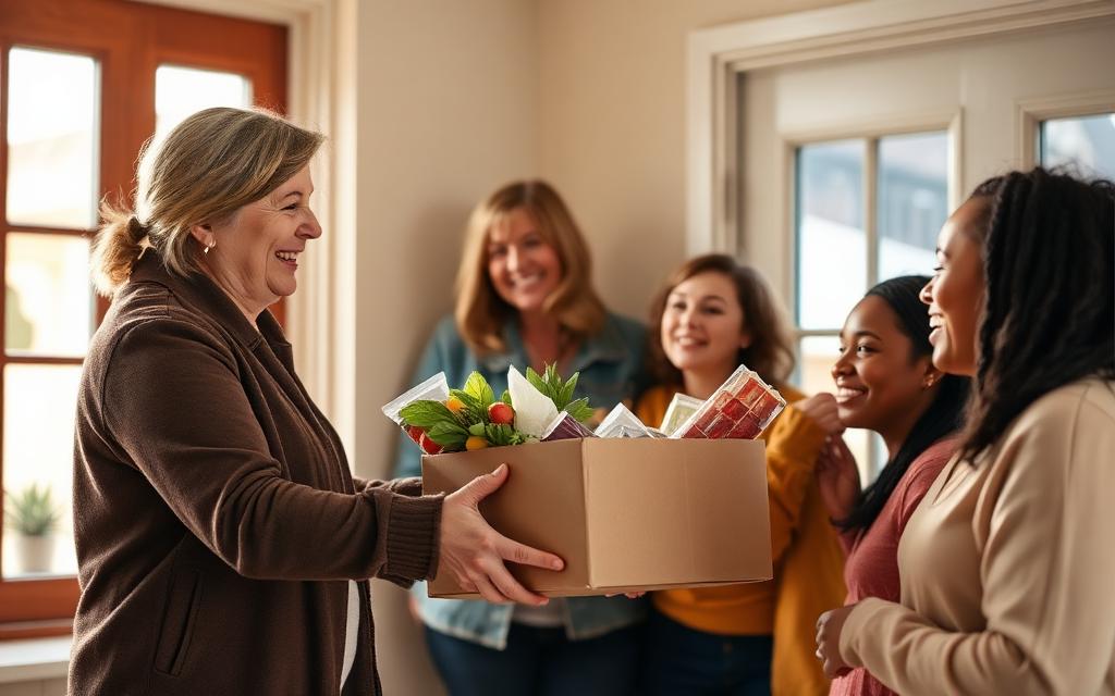 Food bank volunteer handing a grocery box to a family.