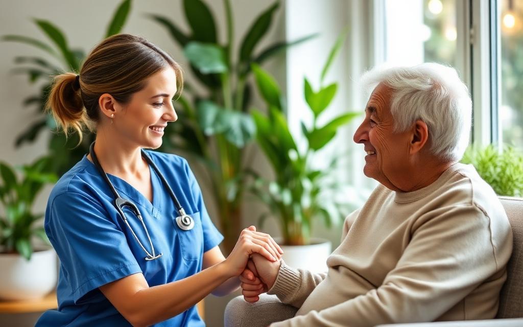 Hospice nurse comforting an elderly patient by a sunny window.