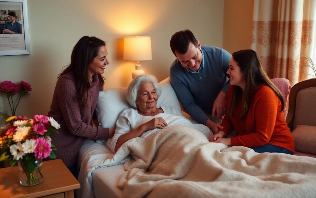 Family visiting a loved one in a warm hospice room.