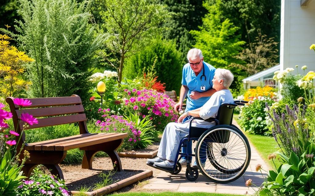 Nurse walking with a hospice patient through a flower garden.
