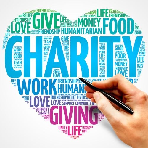 Charity word cloud showing giving, support and community themes