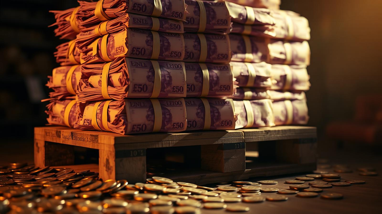 Wooden pallet stacked with bundles of £50 notes